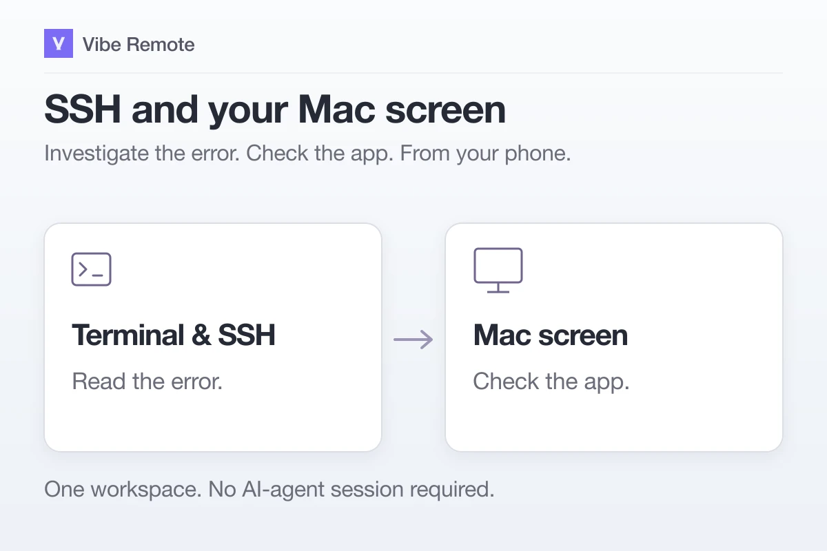 Vibe Remote connects two troubleshooting tools: terminal and SSH to investigate an error, and Mac screen control to check the running app.