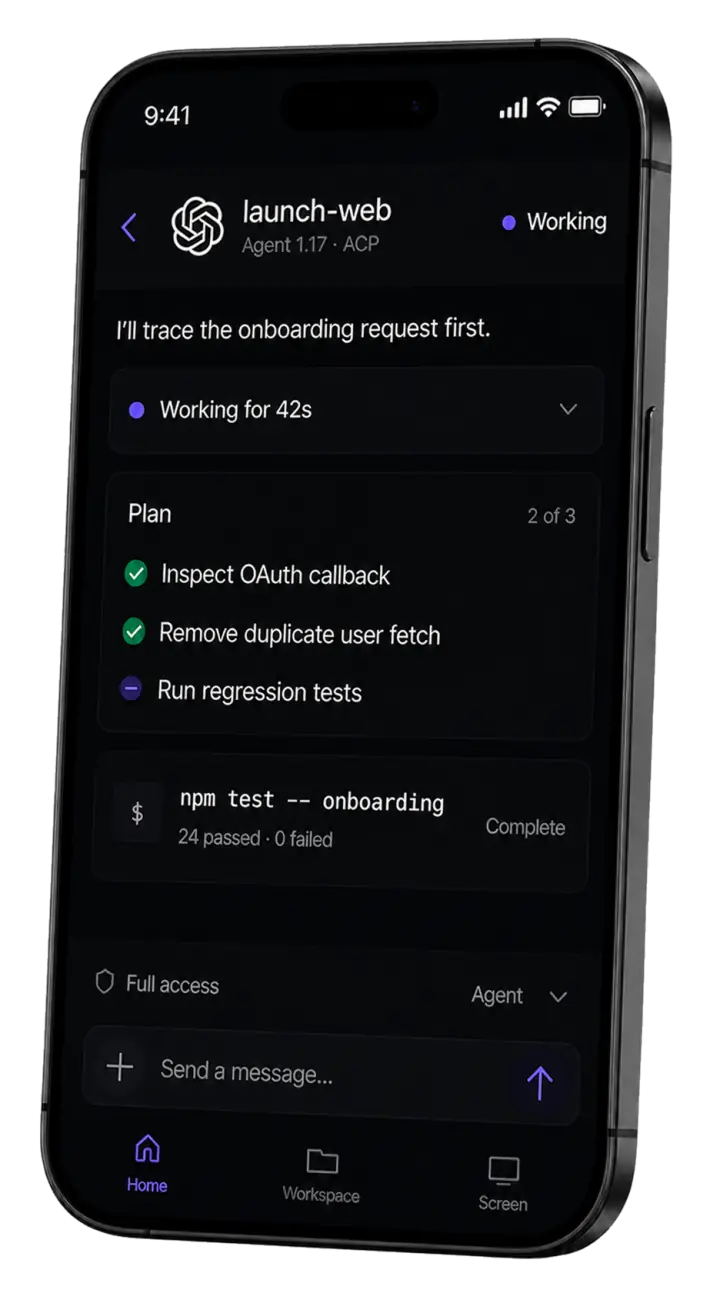 Vibe Remote agent session on a phone showing a plan, test result, and message composer