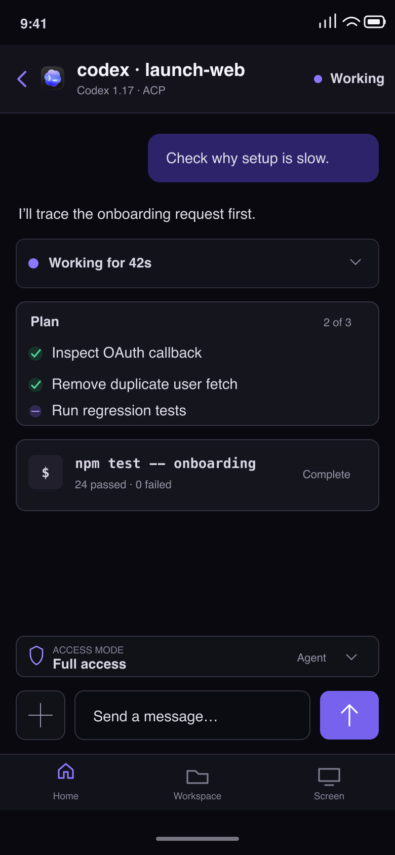 Vibe Remote Codex session showing a structured plan, command result, access mode, and message composer