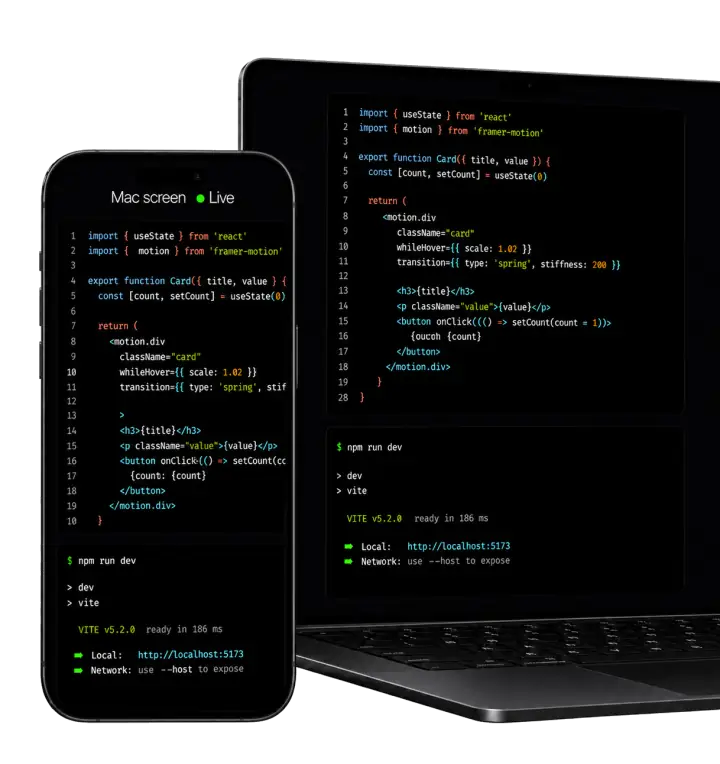 Vibe Remote showing a phone controlling a Mac screen with code and a terminal