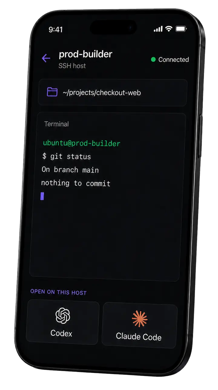 Vibe Remote SSH host on a phone showing a remote shell and options to open Codex or Claude Code