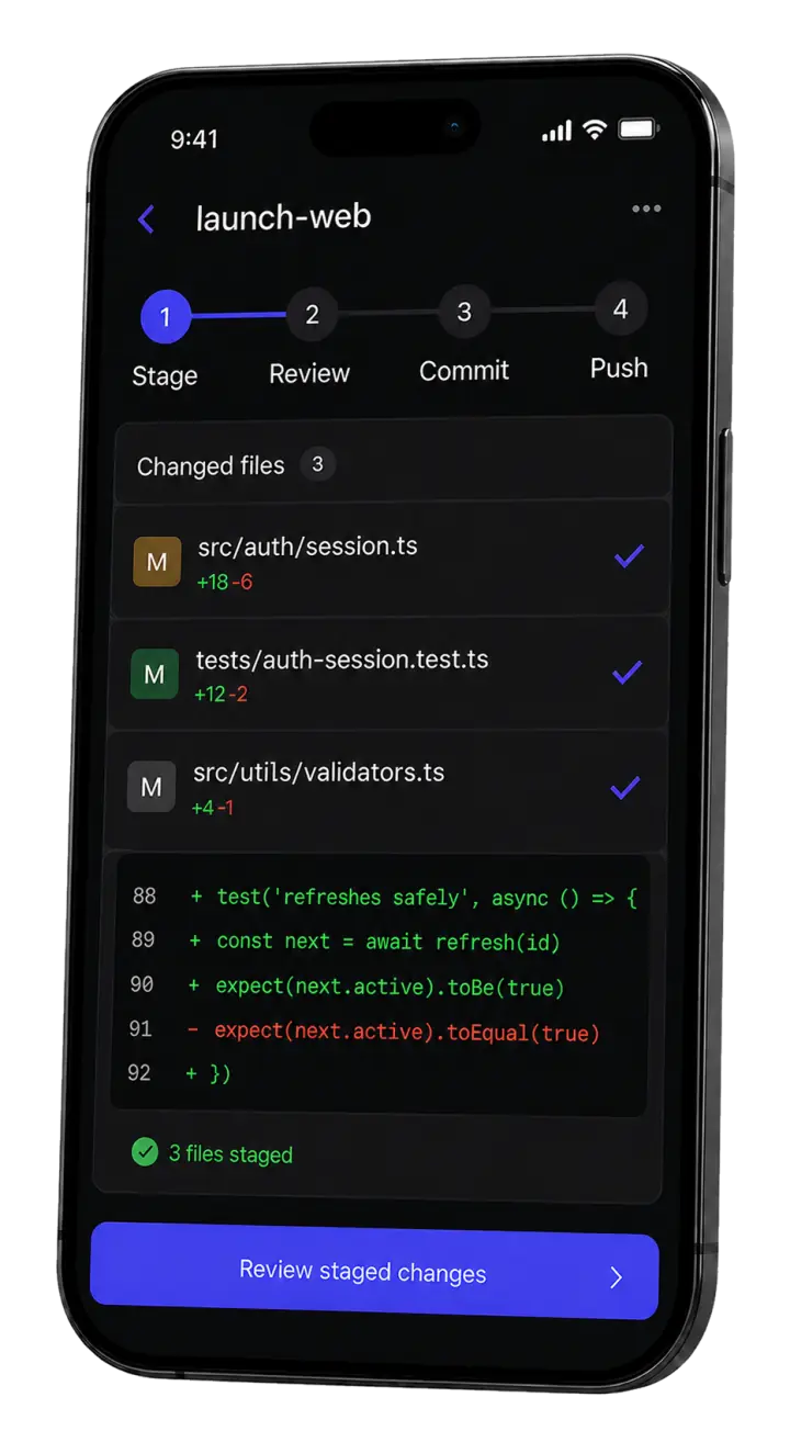 Vibe Remote workspace on a phone showing changed files, a code diff, and the Git workflow
